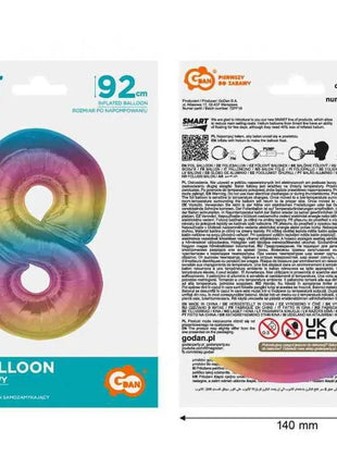 Színes 8-as Rainbow szám fólia lufi 92 cm