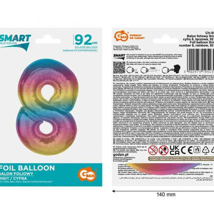 Színes 8-as Rainbow szám fólia lufi 92 cm