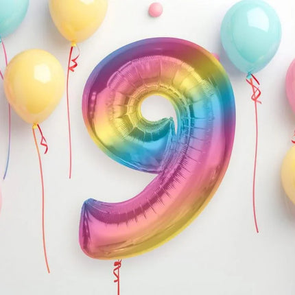 Színes 9-es Rainbow szám fólia lufi 92 cm