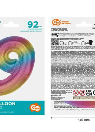Színes 9-es Rainbow szám fólia lufi 92 cm