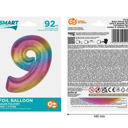 Színes 9-es Rainbow szám fólia lufi 92 cm