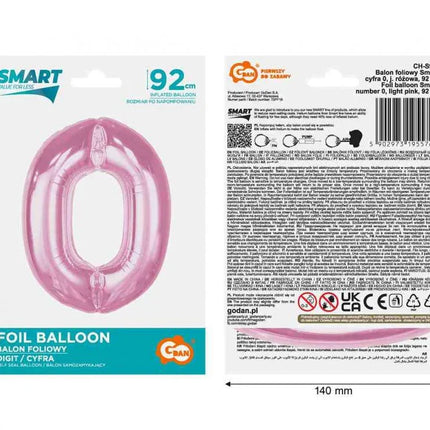 Rózsaszín 0-ás Light Pink szám fólia lufi 92 cm