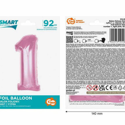 Rózsaszín 1-es Light Pink szám fólia lufi 92 cm