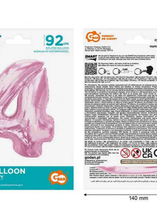 Rózsaszín 4-es Light Pink szám fólia lufi 92 cm