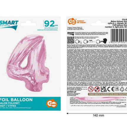 Rózsaszín 4-es Light Pink szám fólia lufi 92 cm