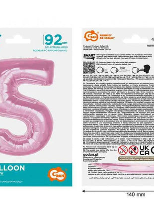 Rózsaszín 5-ös Light Pink szám fólia lufi 92 cm