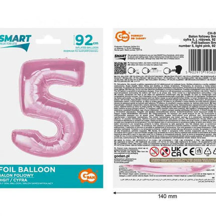 Rózsaszín 5-ös Light Pink szám fólia lufi 92 cm
