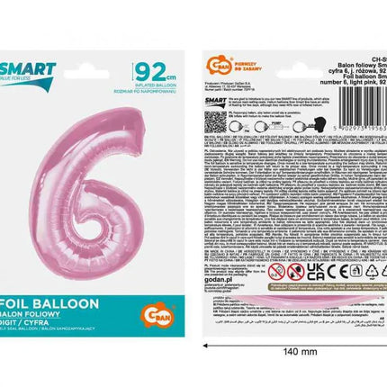 Rózsaszín 6-os Light Pink szám fólia lufi 92 cm