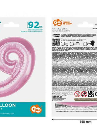 Rózsaszín 9-es Light Pink szám fólia lufi 92 cm