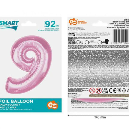Rózsaszín 9-es Light Pink szám fólia lufi 92 cm
