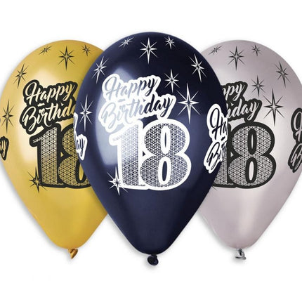 Happy Birthday 18 Metallic léggömb, lufi 6 db-os 12 inch (30 cm)