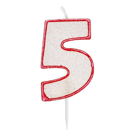 Red Outline Glitter, Piros 5-ös számgyertya, tortagyertya