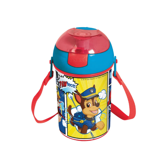 Mancs Őrjárat Pawfect műanyag szívószálas kulacs akasztóval, 450 ml, színes mintával, gyerekeknek tervezve.