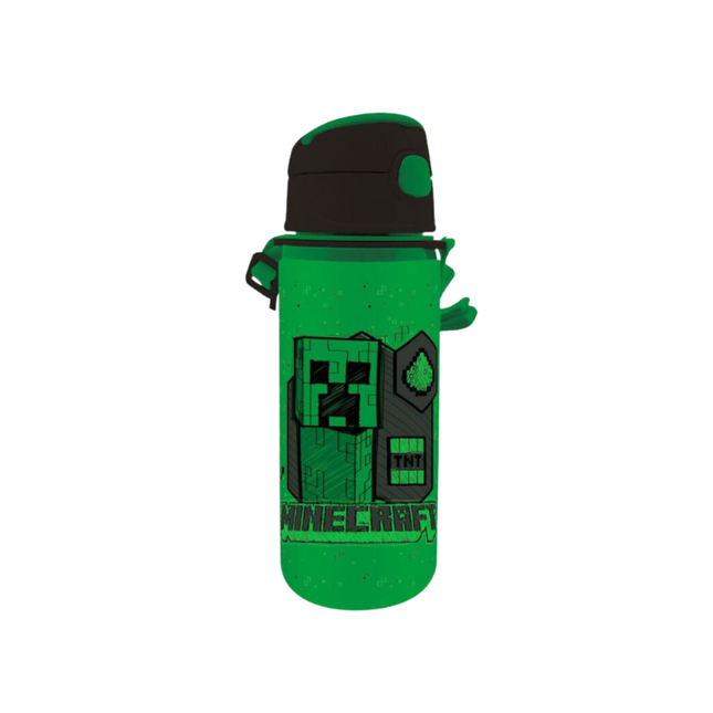 Minecraft Green mintás alumínium kulacs beépített szívószállal és akasztóval, 600 ml űrtartalommal.
