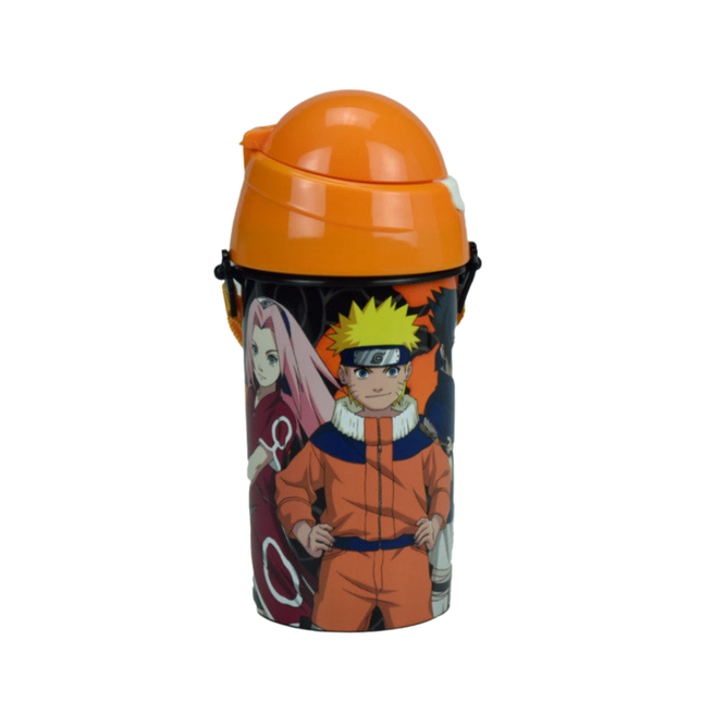 Naruto Fire mintás műanyag kulacs beépített szívószállal és akasztóval, 500 ml űrtartalommal.