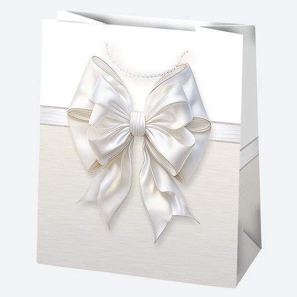 Fehér Bow papír ajándéktasak, ajándékzacskó 19x23x10,5 cm
