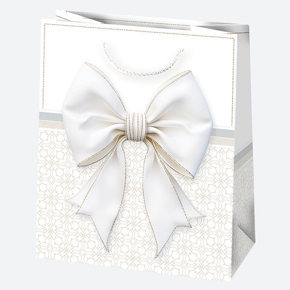 Fehér Bow papír ajándéktasak, ajándékzacskó 19x23x10,5 cm