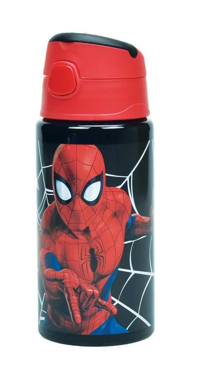 Pókember Dark mintás alumínium kulacs beépített szívószállal és akasztóval, 500 ml űrtartalommal.