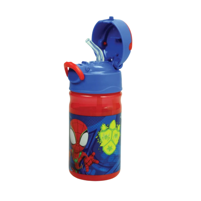 Pókember Spidey Dino Webs mintás műanyag kulacs beépített szívószállal és akasztóval, 350 ml űrtartalommal.