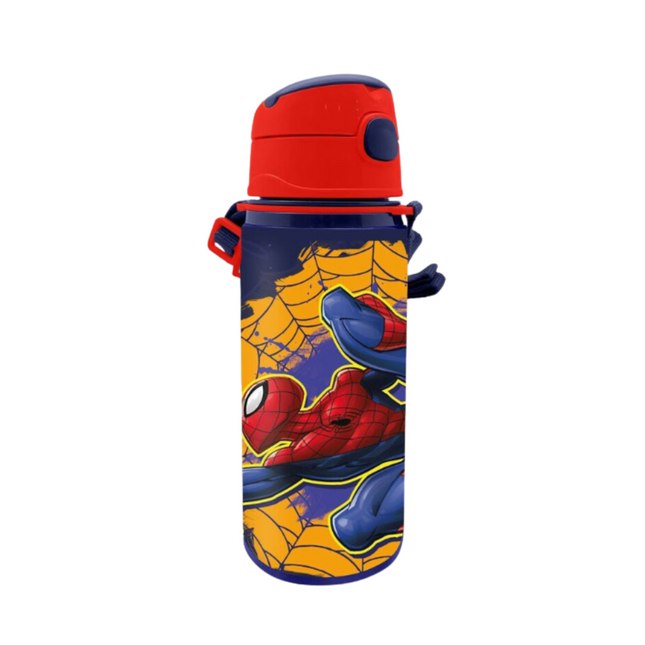 Pókember Web-Slinger mintás alumínium kulacs beépített szívószállal és akasztóval, 600 ml űrtartalommal.