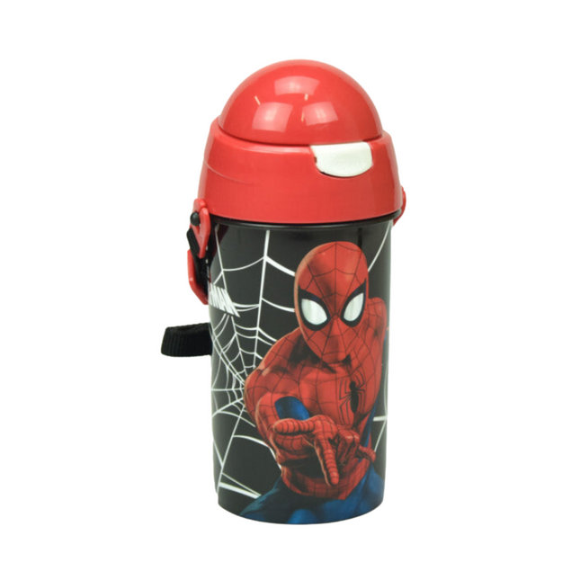 Pókember Web mintás műanyag kulacs beépített szívószállal és akasztóval, 500 ml űrtartalommal.