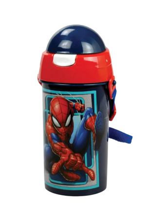 Pókember World mintás műanyag kulacs beépített szívószállal és akasztóval, 500 ml űrtartalommal.