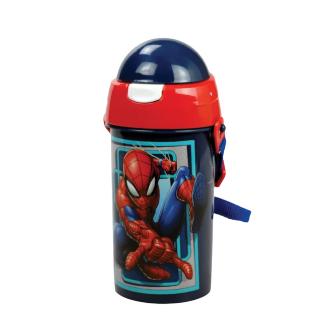 Pókember World mintás műanyag kulacs beépített szívószállal és akasztóval, 500 ml űrtartalommal.