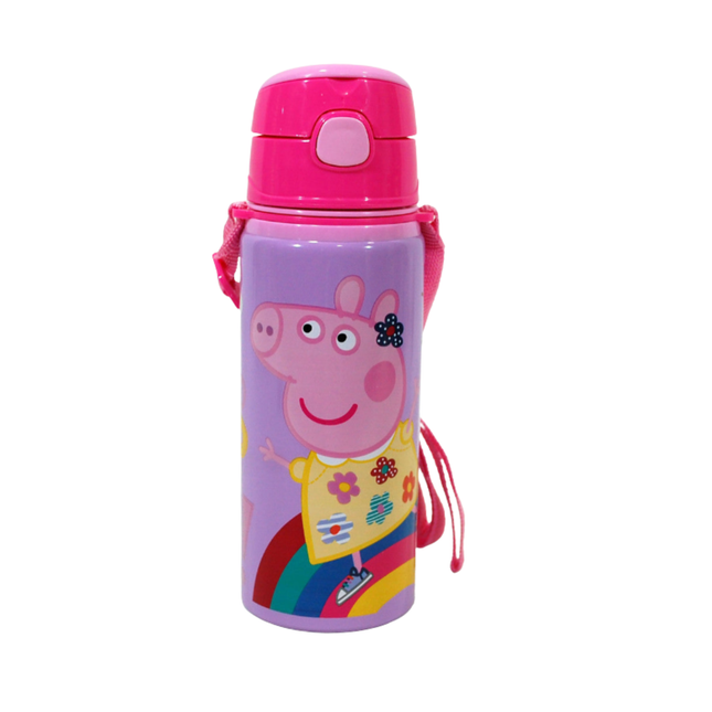 Peppa malac mintás alumínium kulacs beépített szívószállal és akasztóval, 600 ml űrtartalommal.