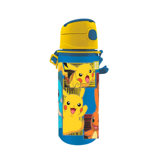 Pokémon mintás alumínium kulacs beépített szívószállal és akasztóval, 600 ml űrtartalommal.