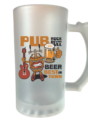 400 ml homokfújt söröskorsó „Pub rock and roll, a város legjobb söre” felirattal – egyedi ajándék