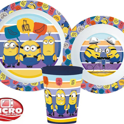 Minyonok Striped étkészlet, micro műanyag szett, pohárral 260 ml