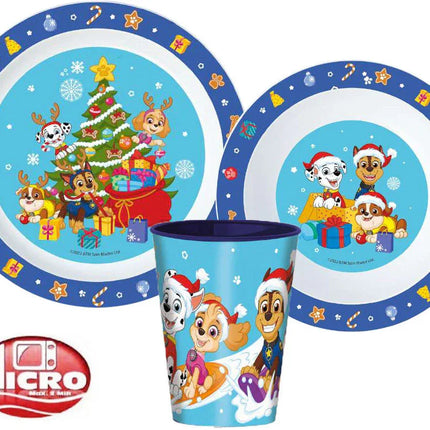 Mancs Őrjárat Holiday Karácsonyi étkészlet, micro műanyag szett, pohárral 260 ml