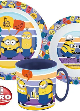 Minyonok Striped étkészlet, micro műanyag szett bögrével 350 ml