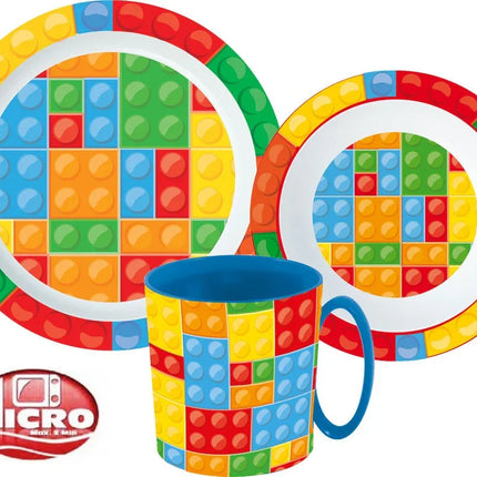 Lego mintázatú Bricks étkészlet, micro műanyag szett bögrével 350 ml
