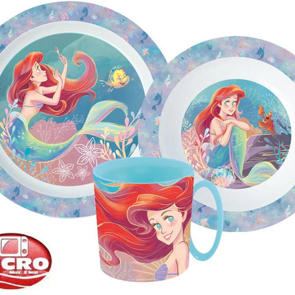 Disney Hercegnők Ariel étkészlet, micro műanyag szett bögrével 350 ml