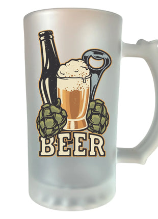 400 ml homokfújt söröskorsó sörös grafikával és búzakalásszal, „BEER” felirattal