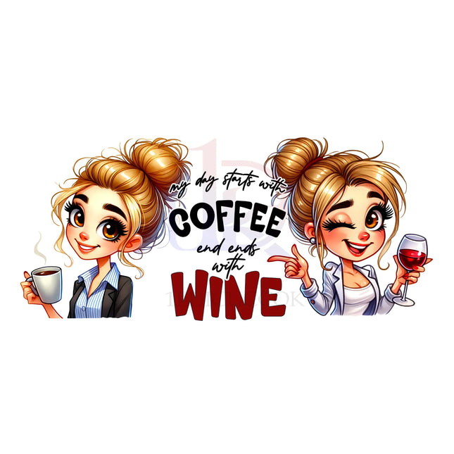 Karikatúraszerű rajz két női karakterről – az egyik kávét, a másik bort tart, humoros bögre mintához