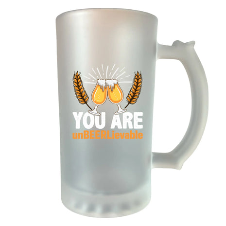 You Are unBEERLiveable feliratú opálosított homokfújt söröskorsó – egyedi ajándék