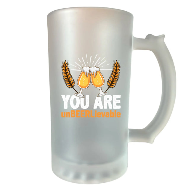 You Are unBEERLiveable feliratú opálosított homokfújt söröskorsó – egyedi ajándék