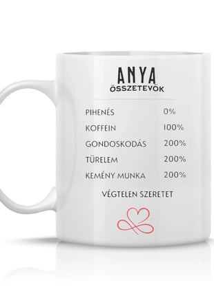 Anya összetevők vicces bögre felirat: végtelen szeretet és 0% pihenés