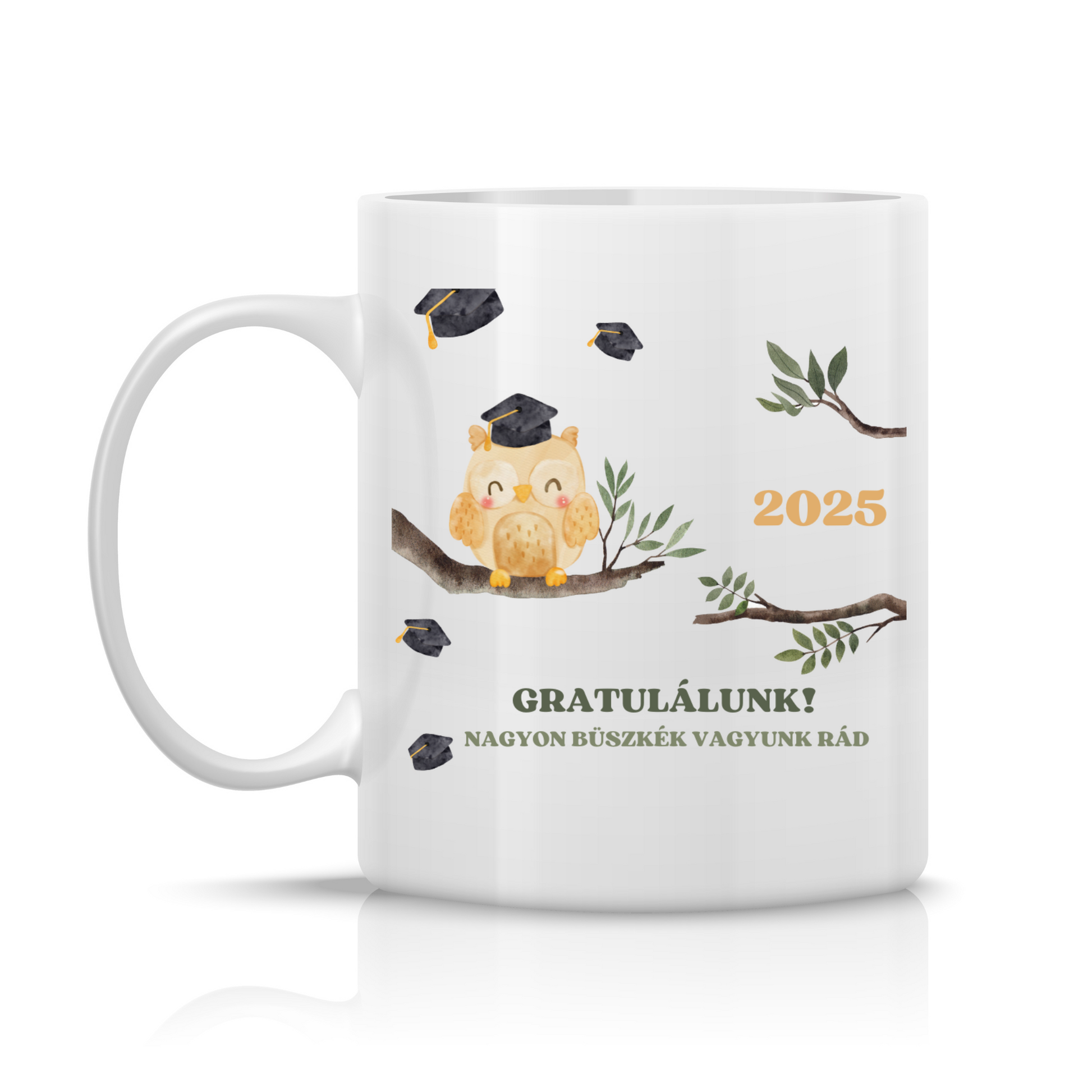 Ballagási bögre "Gratulálunk 2025" felirattal és bagoly mintával, színes szublimációs mintával